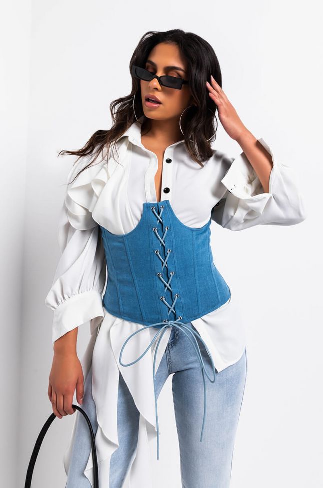 Front View Little Do You Know Pu Corset in Light Blue