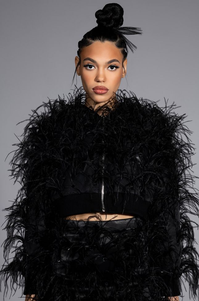 Front View Living It Up Spikes And Feathers Cropped Bomber