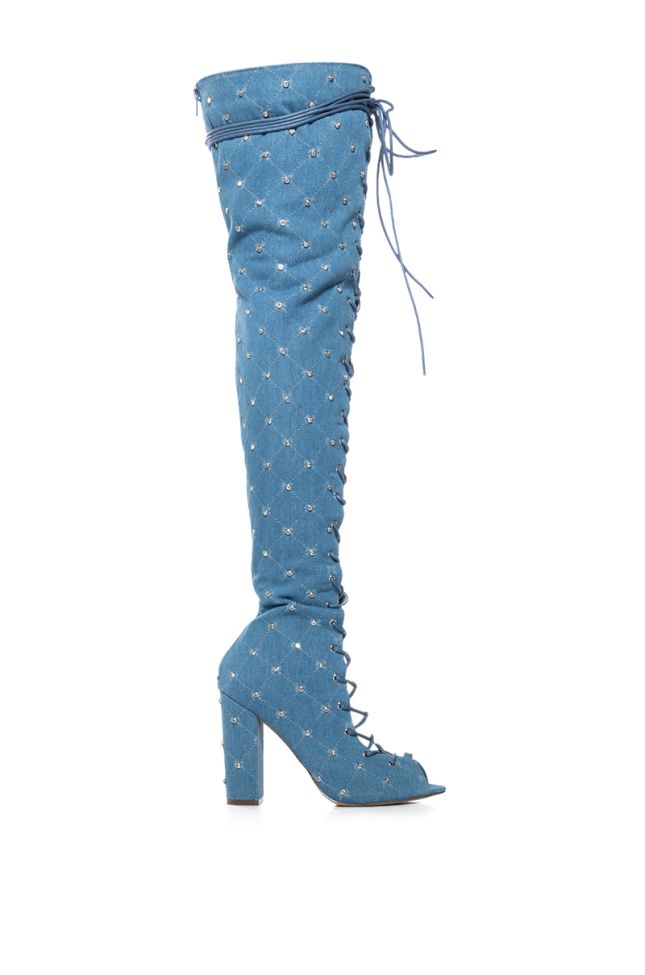 Side View Living Legend Lace Up Open Toe Thigh High Boot In Denim