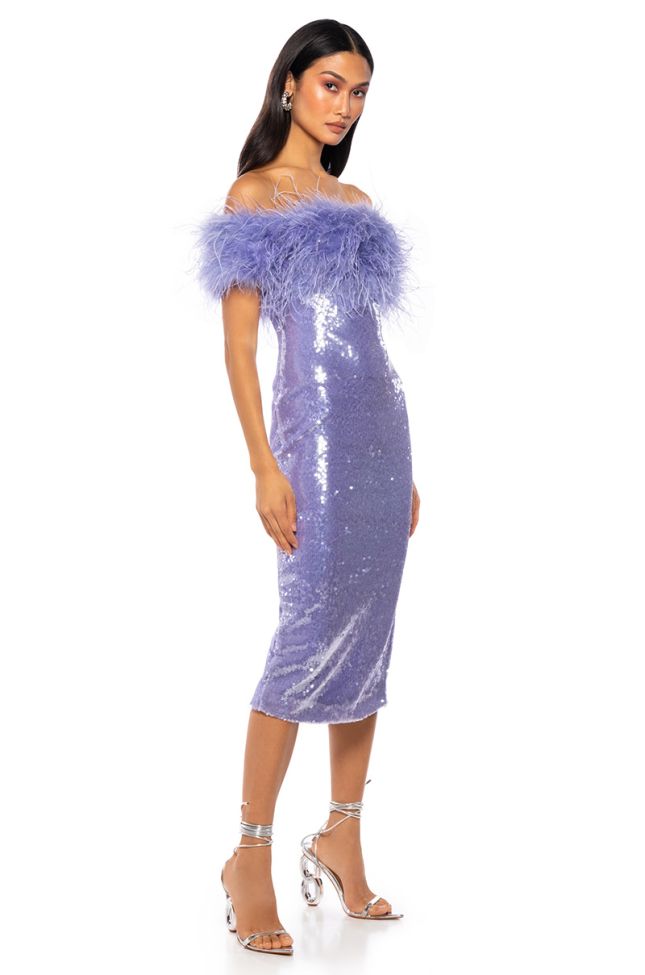 Side View Lolo Feather Detail Strapless Sequin Maxi Dress In Purple