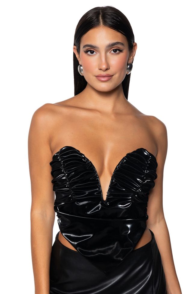 Front View London Lights Ruched Faux Leather Sweetheart Neckline Corset