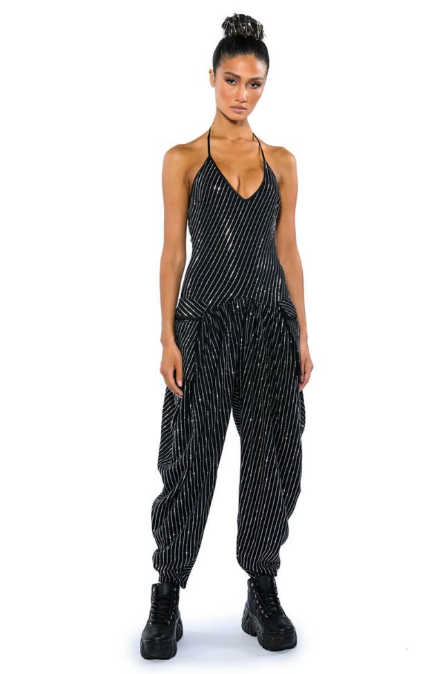 Full View London Rhinestone Stripe Relaxed Fit Halter Neck Jumpsuit