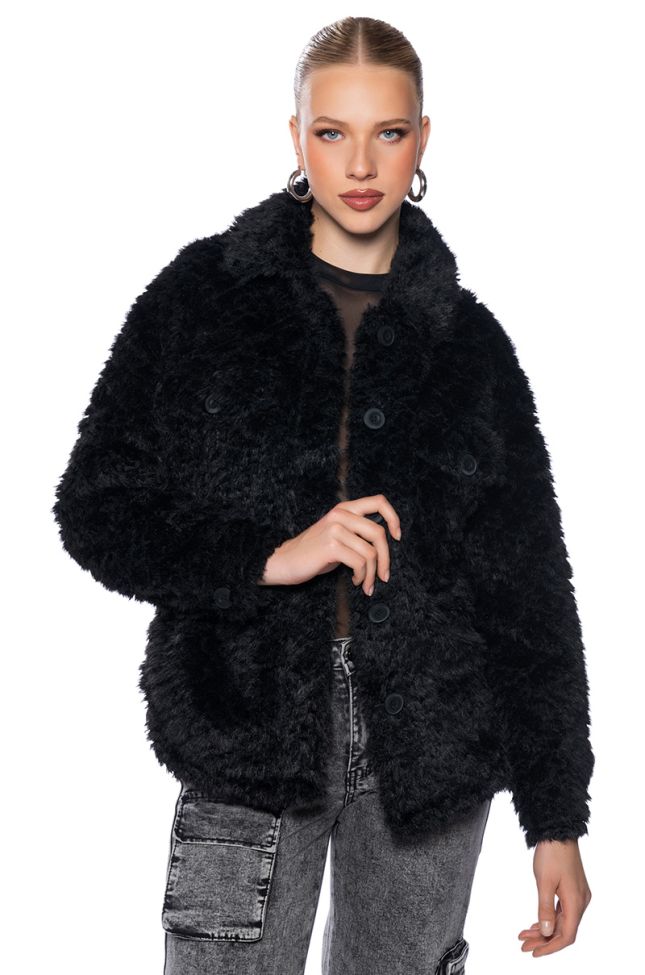 Front View Lone Wolf Faux Fur Shacket