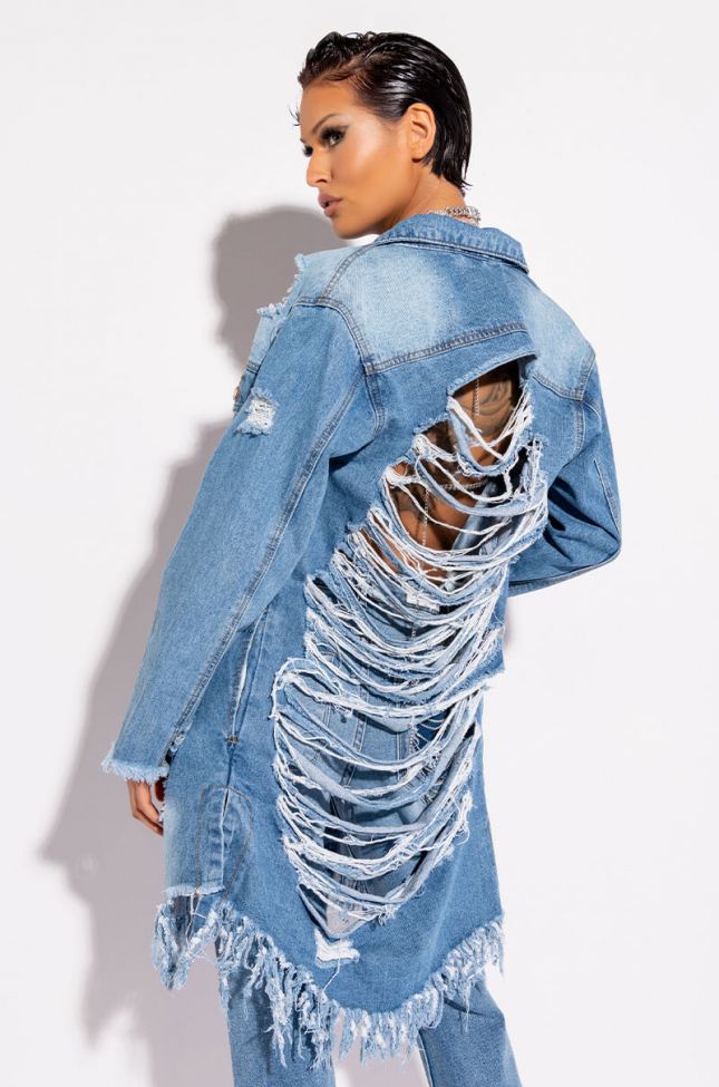 LONG DENIM JACKET WITH DISTRESSING