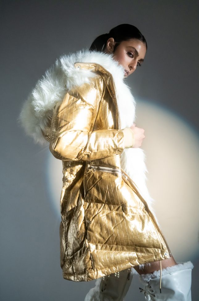 Front View Long Puffer In Gold Croc