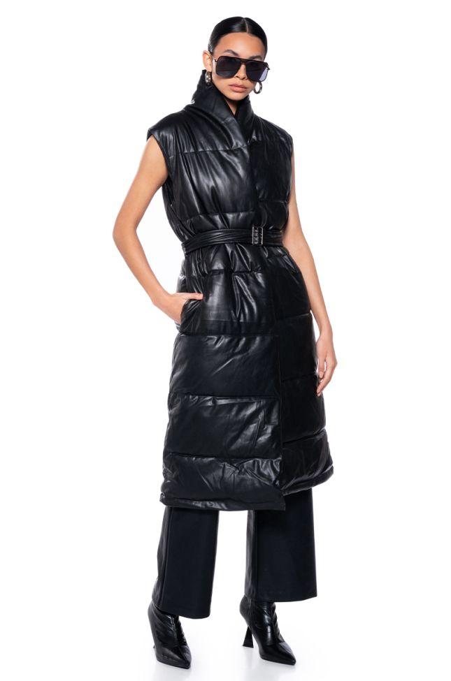 Front View Long Puffer Vest With Belt