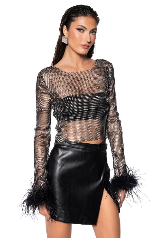 Front View Long Sleeve Feather Cuff Rhinestone Top In Black