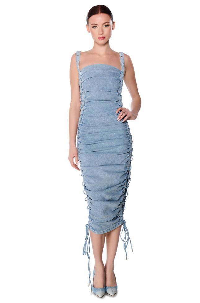 Front View Look At Me Lace Up Denim Midi Dress