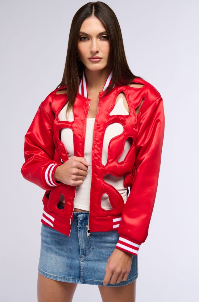 Front View Look My Way Cut Out Satin Bomber