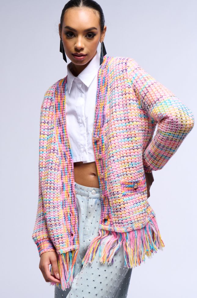 Front View Lookin In The Mirror Multicolor Fringe Cardigan