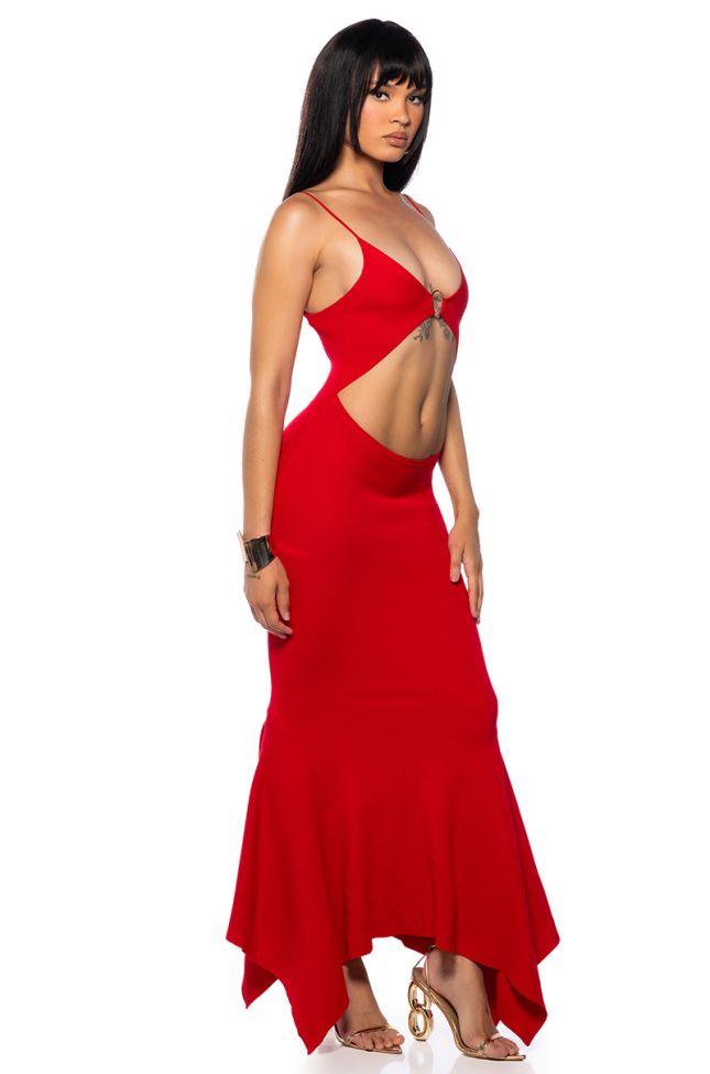 Front View Looking For Fun Knit Maxi Dress In Red