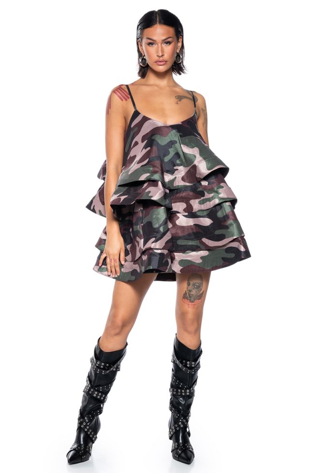 Side View Looking For Lust Ruffle Mini Dress In Camo