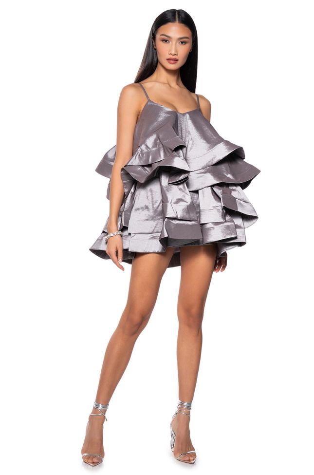 Side View Looking For Lust Ruffle Mini Dress In Silver