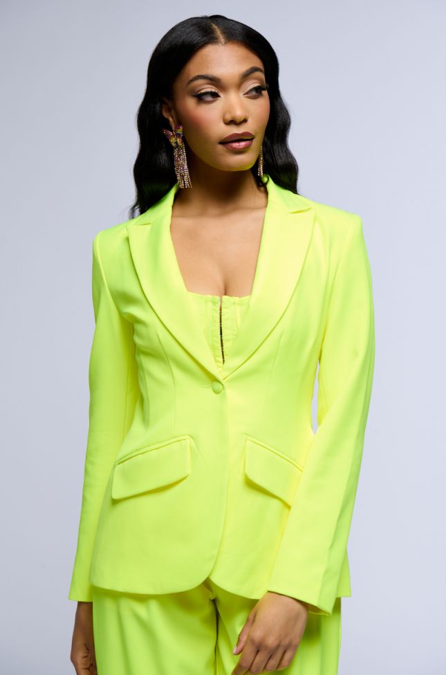 Side View Looking Sharp Fitted Blazer In Neon Yellow