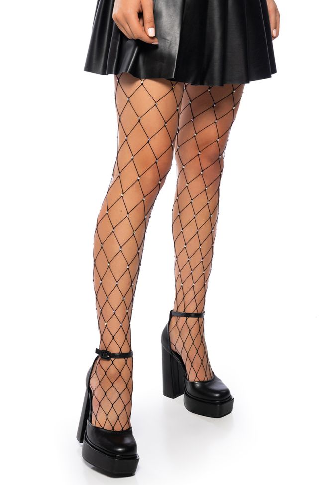 Front View Loose Fit Rhinestone Fishnet Tight