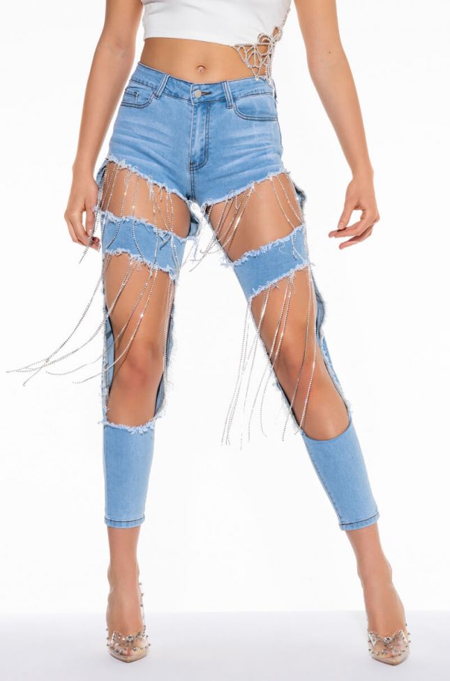 Front View Lost Control Distressed Rhinestone Fringe Mid Rise Skinny Jeans