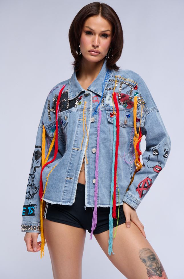Front View Lost In The City Studded Yarn Applique Denim Jacket