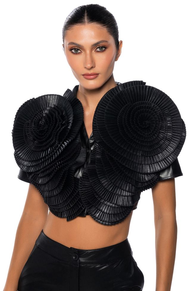 Front View Lotus Flower Bomb Faux Leather Collared Top
