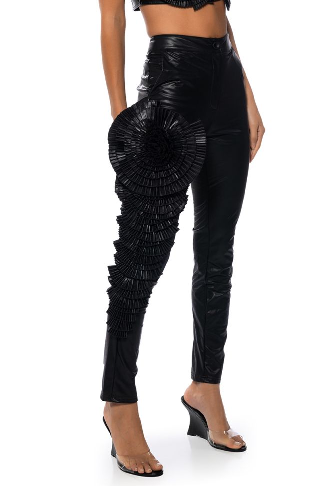 Front View Lotus Flower Bomb Faux Leather Flare Pant