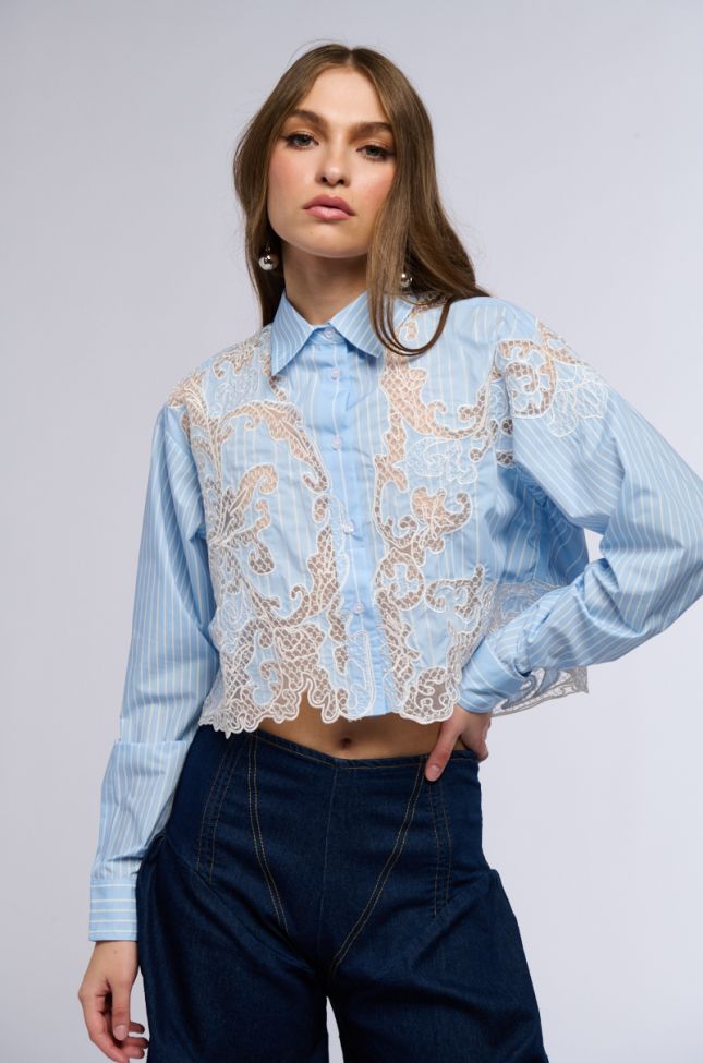 Side View Love Me Like That Button Down Blouse With Lace Detailing
