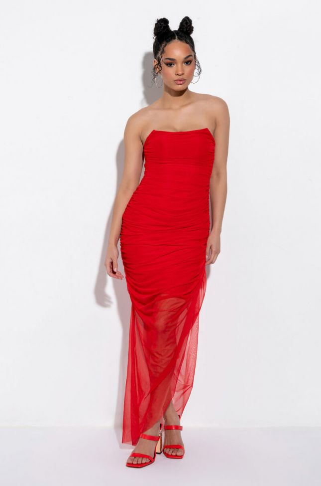 Front View Love Me More Tube Ruched Mesh Midi Dress