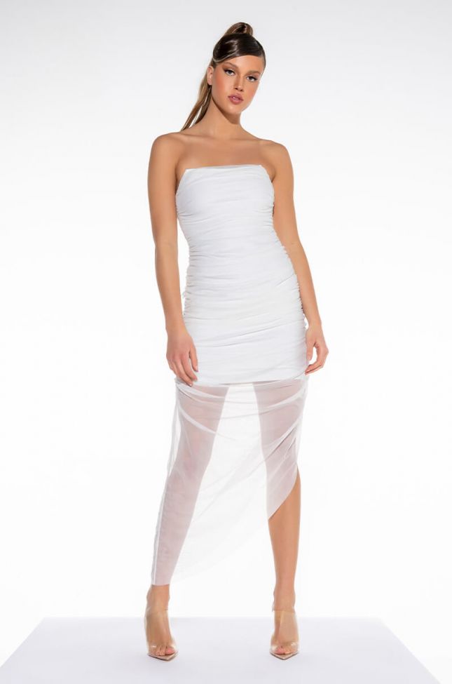 Front View Love Me More Tube Ruched Mesh Midi Dress
