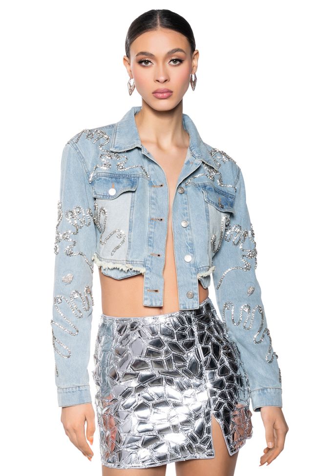 Front View Love You Say It Back Crop Denim Jacket