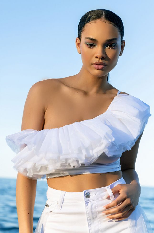 Front View Lovely Day One Shoulder Ruffled Crop Top