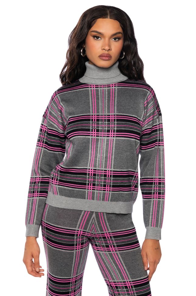 Front View Lover Girl Plaid Turtleneck Sweater