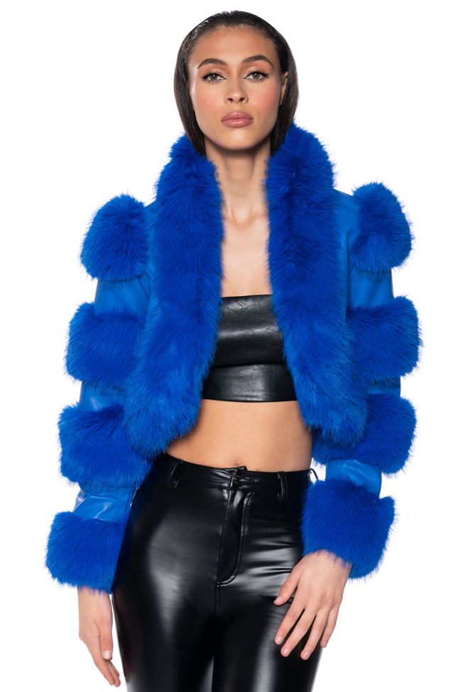 Front View Loverboy Faux Fur Moto Jacket In Blue