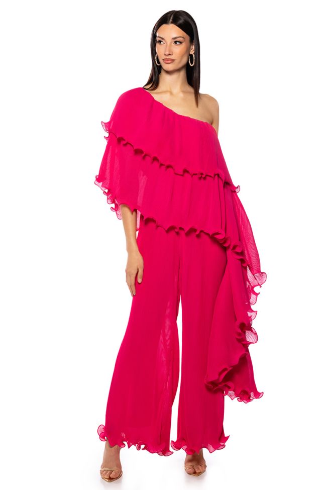 Front View Lucia Pleated Ruffle One Shoulder Jumpsuit In Coral