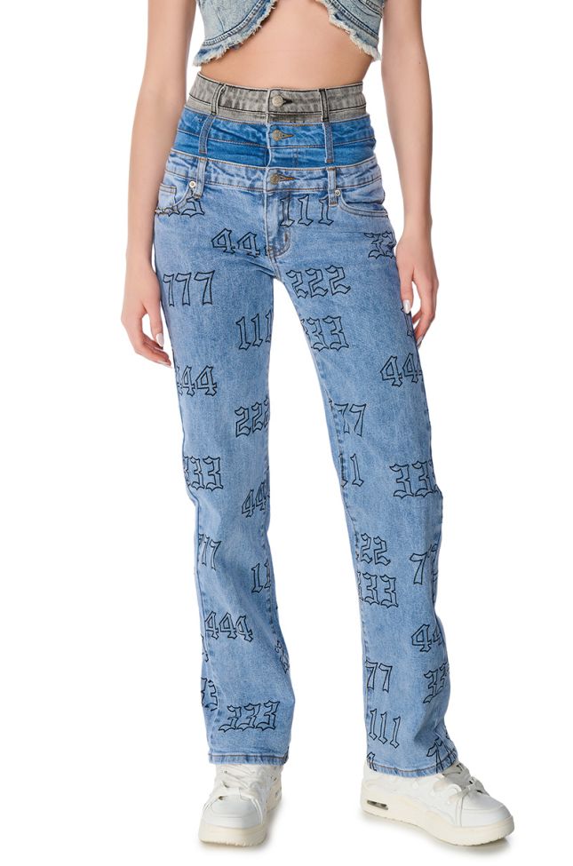 Front View Lucky Number Triple Waistband Straight Leg Jeans