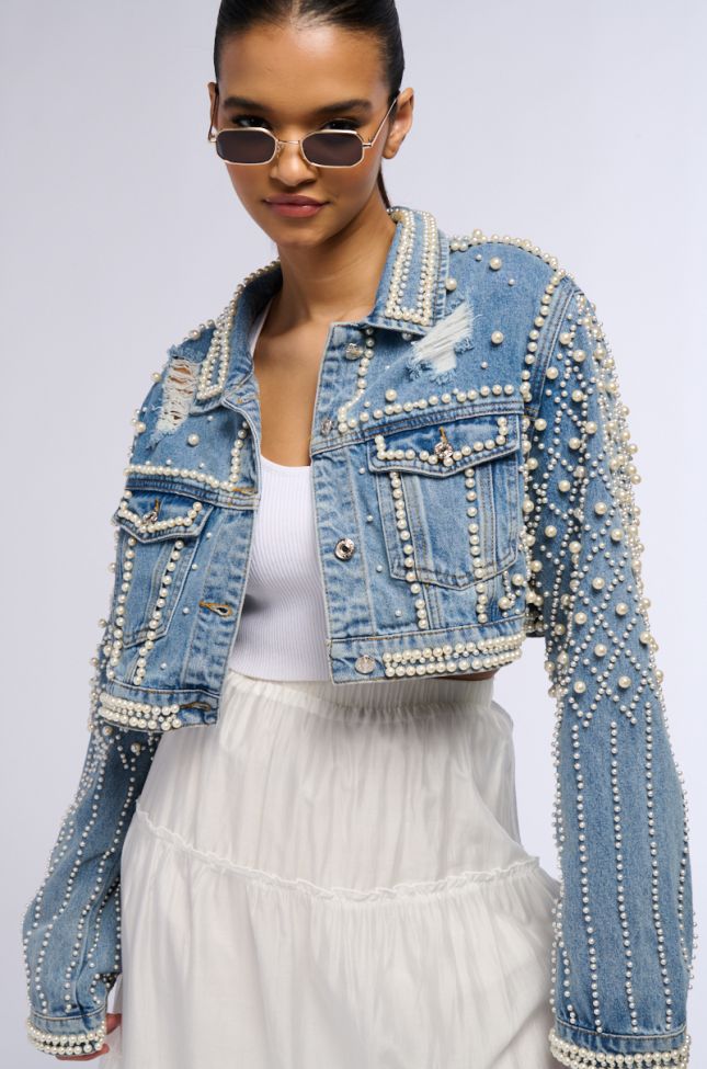 Front View Lucky You Cropped Pearl Denim Jacket