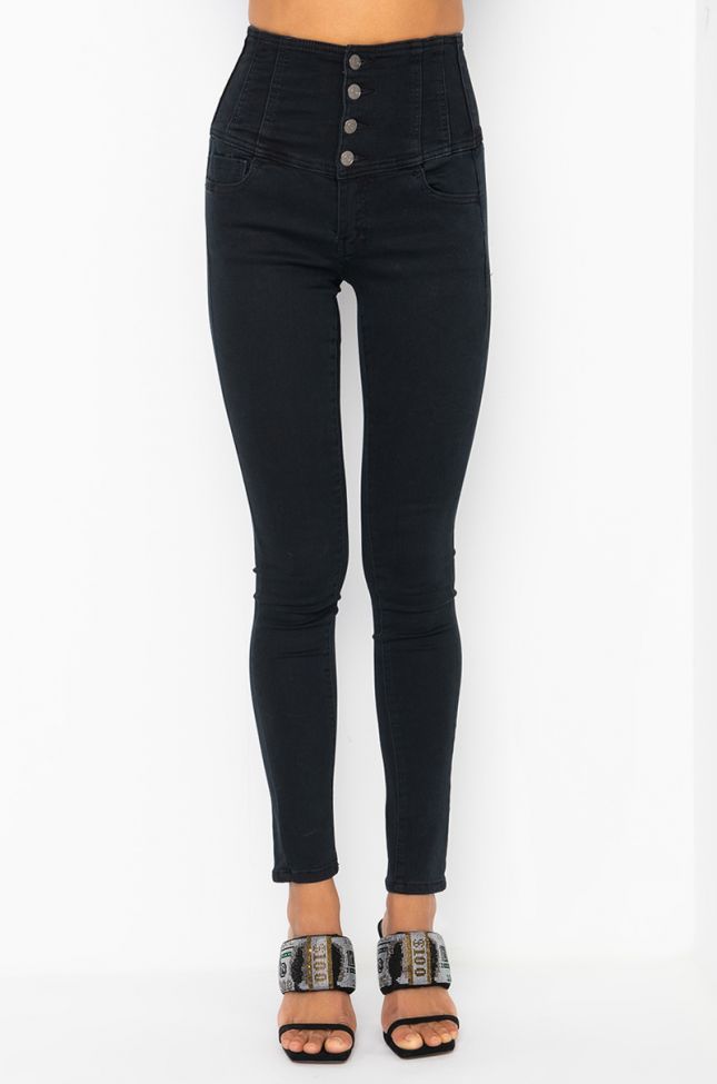 Front View Luna High Waisted Stretchy Skinny Jeans in Black Denim