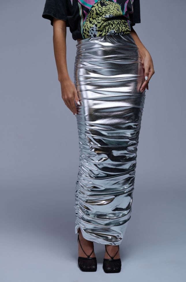 Front View Luna Ruched Metallic Maxi Skirt