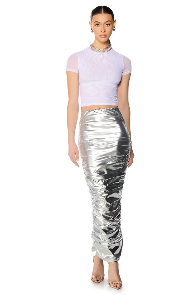 Side View Luna Ruched Metallic Maxi Skirt