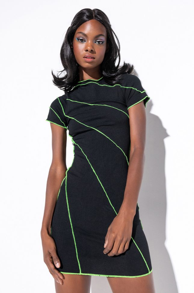 Front View Lurkin On Me Mini Dress With Inverted Inseam in Black Multi