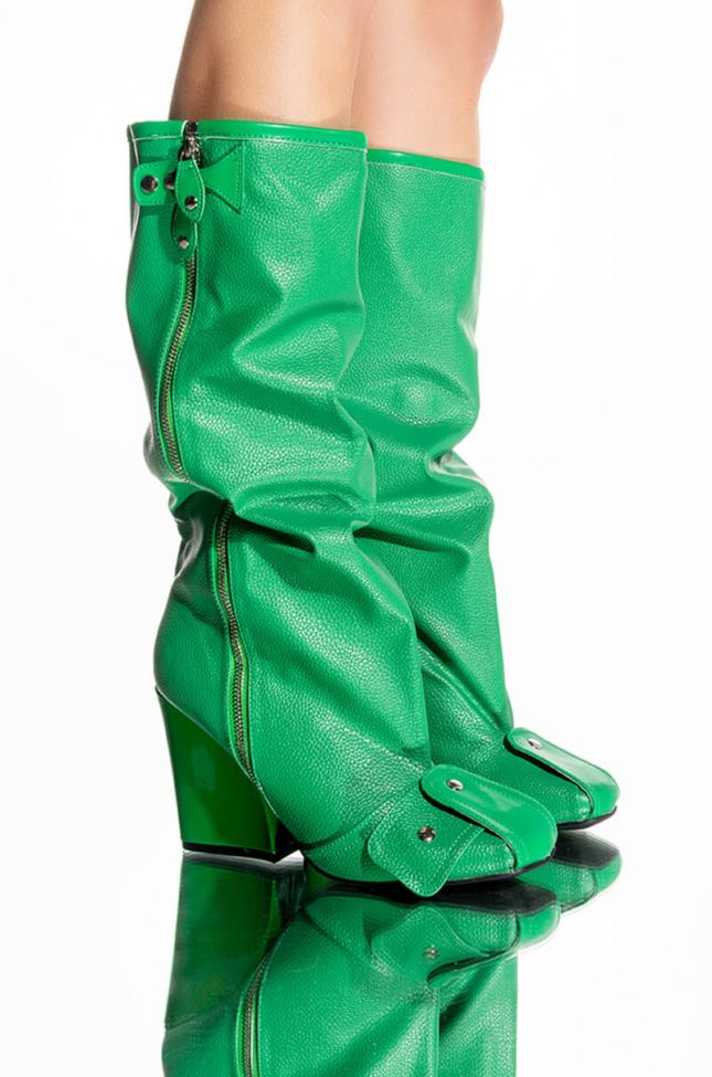 Front View Luxe In Love Knee High Chunky Boot In Green
