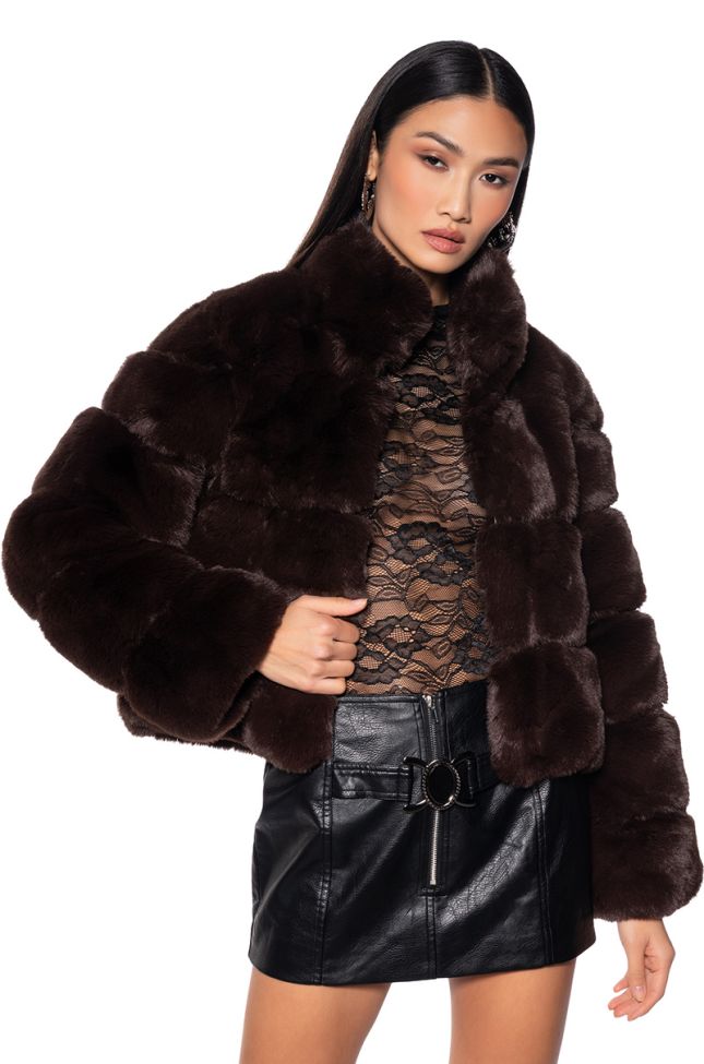 Front View Luxe Jenny Faux Fox Fur Short Coat In Brown 