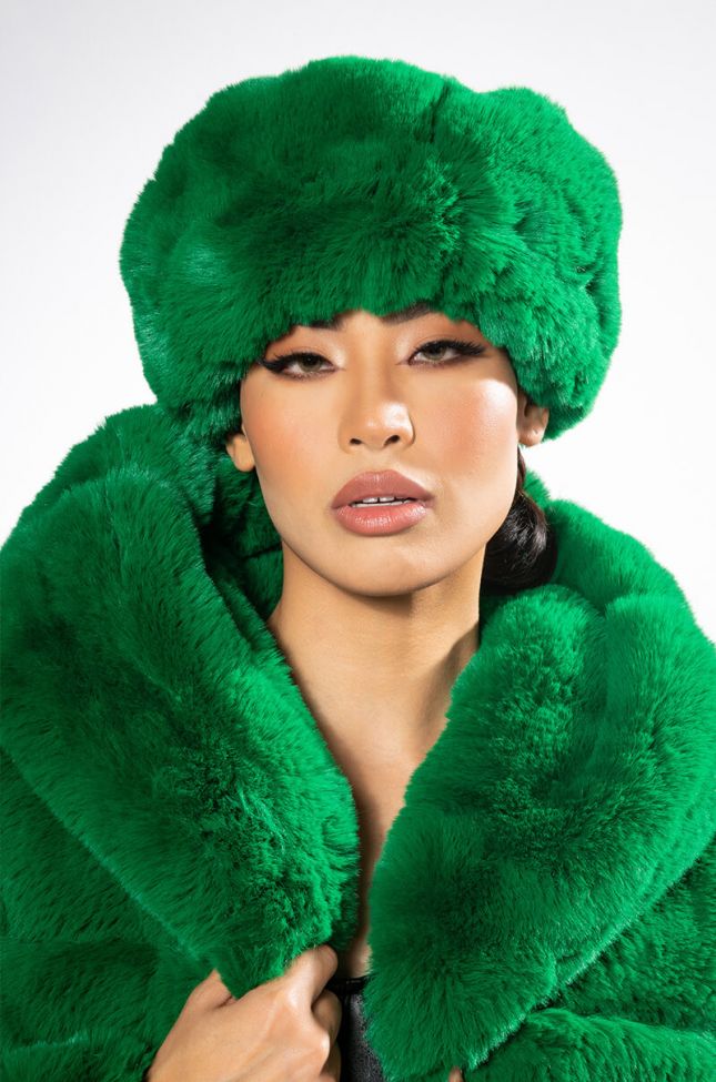 Front View Luxe Jenny Faux Fur Headband In Green