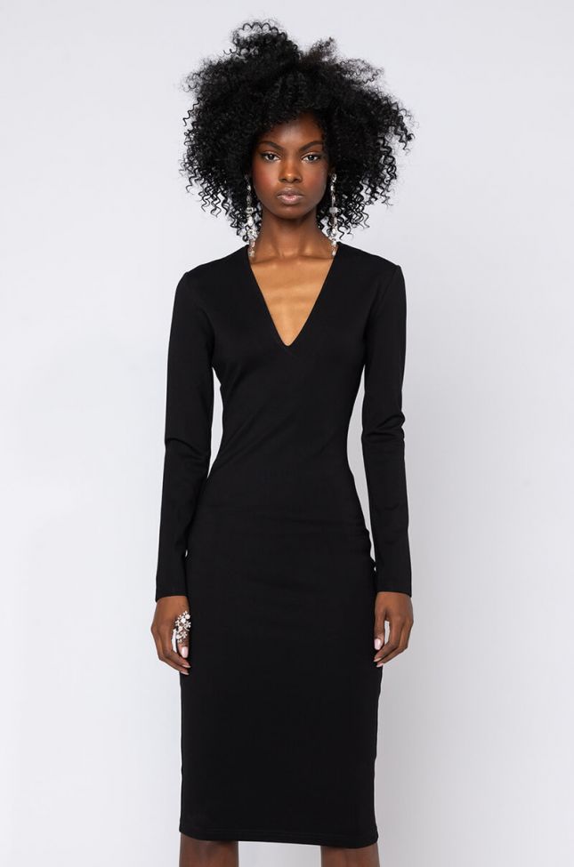 Front View Luxe Knit Long Sleeve V Neck Dress in Black