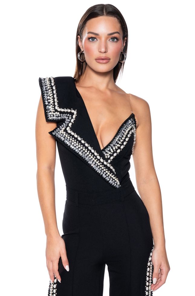 Front View Luxurious Pearl And Rhinestone Detailed Bodysuit In Black