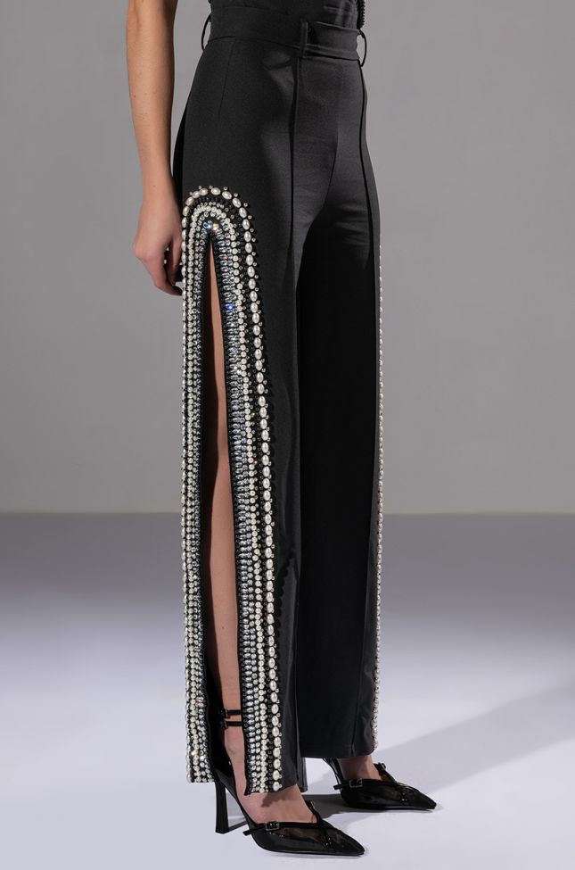 LUXURIOUS PEARL AND RHINESTONE DETAILED TROUSERS WITH SIDE SLITS