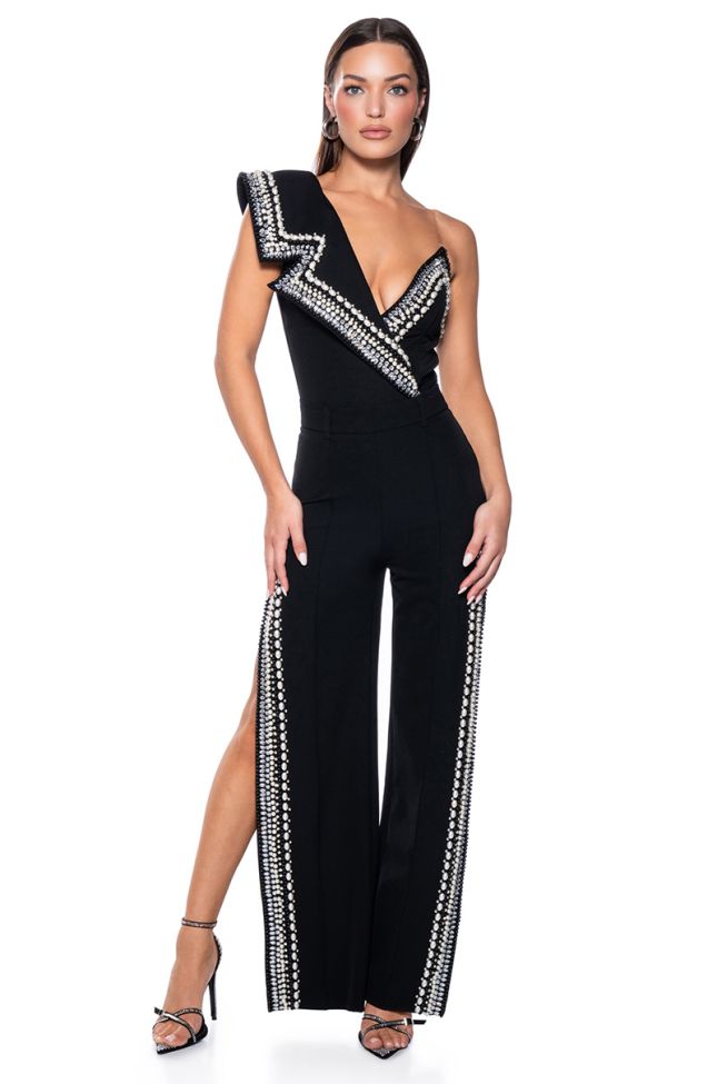 Back View Luxurious Pearl And Rhinestone Detailed Trousers With Side Slits