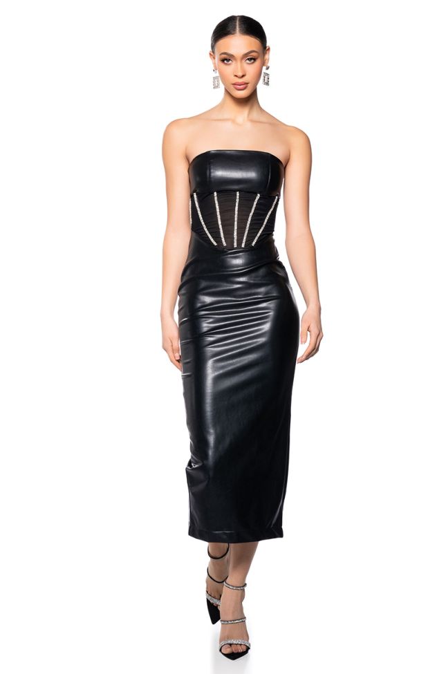 Front View Luxury Ventures Faux Leather Strapless Dress