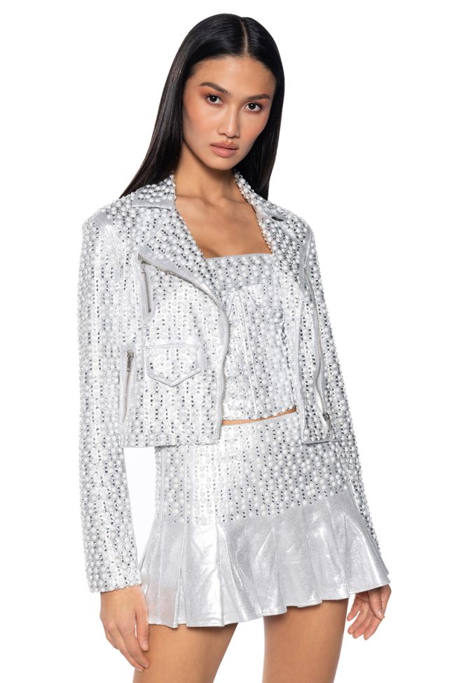 Extra View Lynlee Pearl Embellished Sparkly Silver Moto Jacket