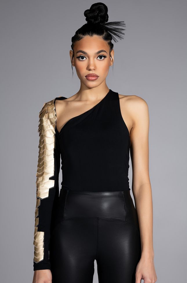Front View Made You Look Cold Shoulder One Sleeve Scale Bodysuit