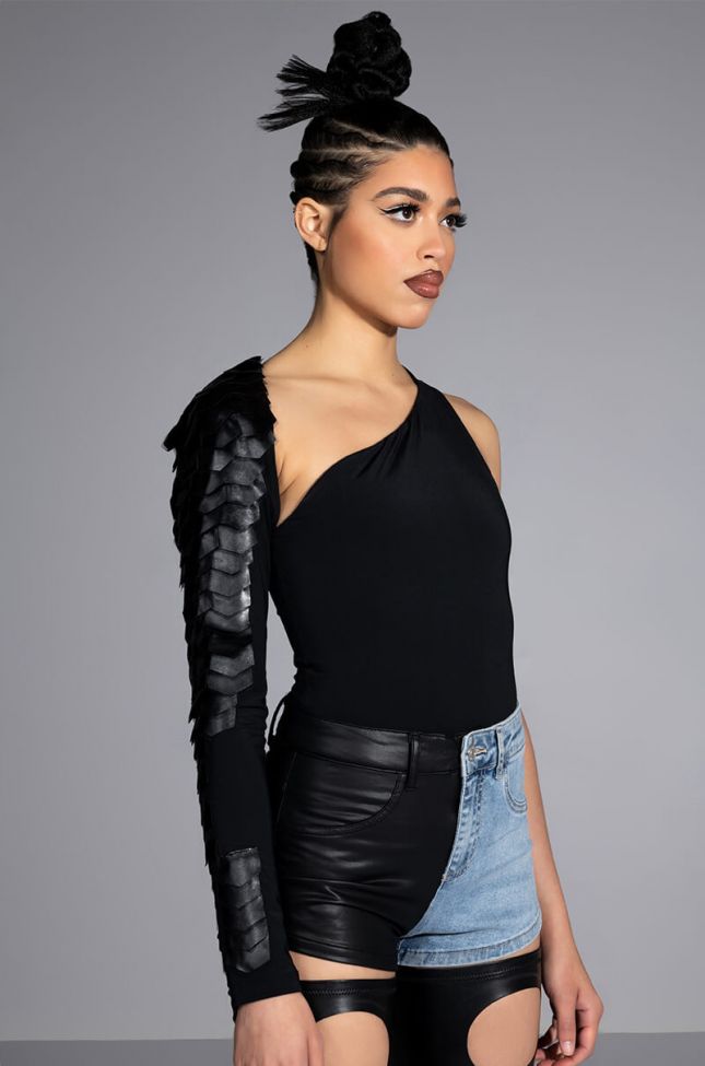 Front View Made You Look Cold Shoulder One Sleeve Scale Bodysuit