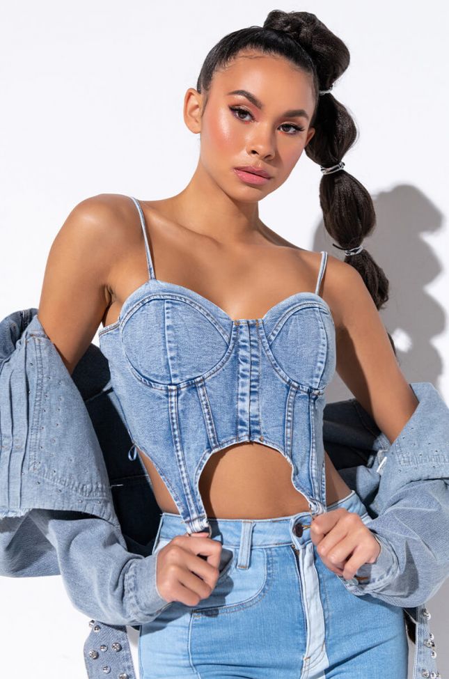 Front View Make A Move Corset Blouse in Medium Blue Denim