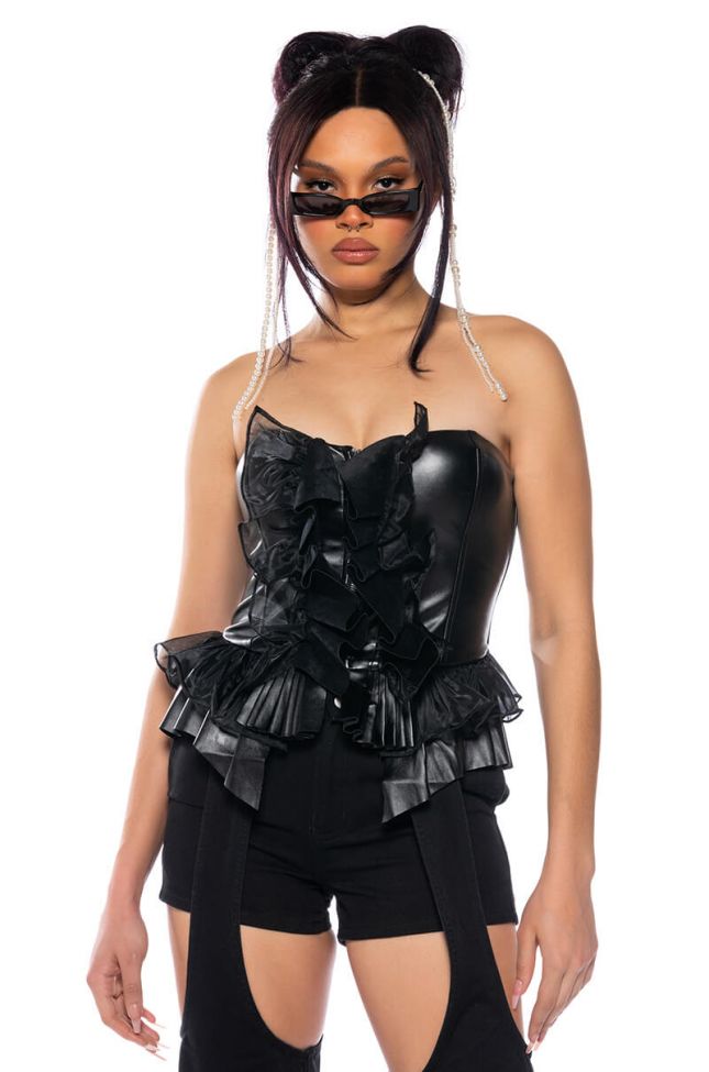 Front View Make A Movie Faux Leather Ruffle Strapless Top